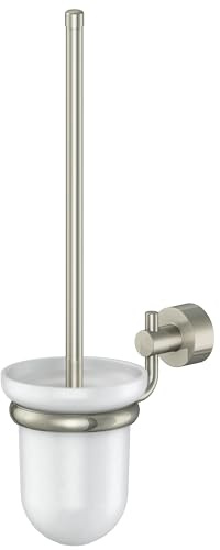 Lenz WC-Bürstengarnitur Scala Nickel – Inklusive Kleber & Montagematerial | Klobürste zur platzsparenden Wandmontage, Kleben oder Bohren, Satinierter Glasbehälter zur Reinigung herausnehmbar, 5009622