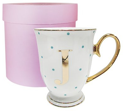 Bombay Duck 13 x 13 x 12 cm Letter J Alphabet Spotty Metallic Mug with Aqua Spots, White/Gold