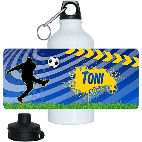 Trinkflasche mit Namen Toni und schönem Fußball-Motiv für Jungen, aus Aluminium