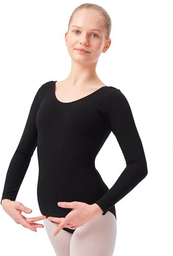 tanzmuster ® Ballettanzug Mädchen Langarm - Lilly - aus Baumwolle, Ballettbody Kinder Ballett Trikot in schwarz, Größe 152/158