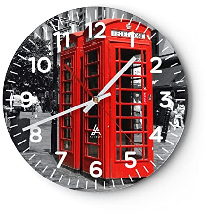 Modern Wanduhr Großbritannien London Telefon Straße 30x30cm Rund Klein Wand Uhr Glas Analog Zimmeruhren Küche Büro Wohnzimmer Glasuhr Wall Clock Dekoration Design Küchenuhr C4AR30x30-0364