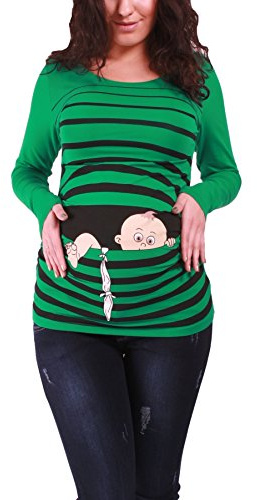 M.M.C. Umstandsshirt Langarm Damen mit Baby-Flucht-Motiv – Umstandsmode T-Shirt für die Schwangerschaft, mitwachsende Raffung, 95% Baumwolle, S bis XL