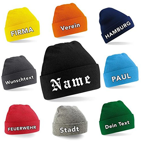 Strickmütze (Beanie) mit Wunschtext Bestickt (dunkelblau)