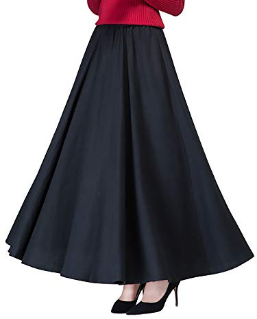 Damen Mädchen Einfarbig Leinen Maxirock Tellerrock Langer Rock Maxirock mit Seitentaschen Elastischer Bund Retro Vintage Einfach Schick Rocklänge 90cm Größe 34/36/38/40/42