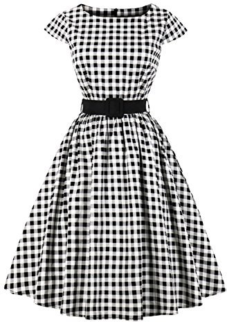 AXOE Femme Robe Vintage Années 50 Tissu Coton Respirant Coupe A-Line Ceinture Amovible Col Bateau Blanche à Carreaux Noir, Taille 38, S