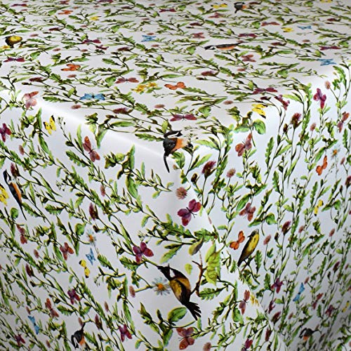 KEVKUS Wachstuch Tischdecke Meterware K150058 Blätter Blüten Vögel Schmetterlinge wählbar in eckig rund oval (Rand: Paspelschrägband, 140 x 220 cm oval)