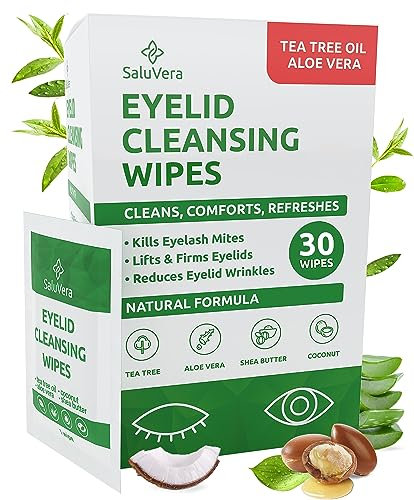 SaluVera Eyelid Wipes with Tea Tree Oil and Aloe Vera | Eye Cleansing Wipes for Dry and Itchy Eyes Relief | Natural Ingredients Eyelid Scrub for Daily Usage - Pack of 30