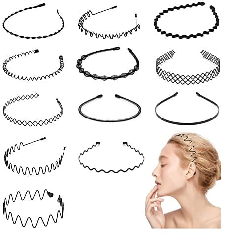 12 piezas Diademas de Metal, Aro de pelo de metal negro, Diademas de Metal ondulado, Unisex Elástico Primavera Diadema, para el Cabello Peinado Pinchos Aro de Pelo Accesorios