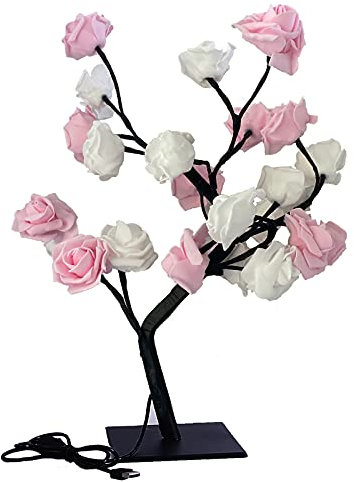 QYLJZB Table Lamp Rose Flower Light, Tabletop Bonsai Tree Lights, USB Powered Light Up Rose Tree Lamp for Party Home Wedding Christmas Decor(White-Pink)