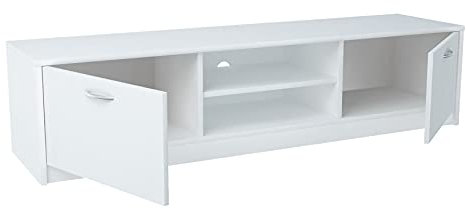 MATKAM Fernsehkommode 2DC H 36 x B 160 x T 41 cm, TV Lowboard, TV Unterteil, Fernsehtisch, laminierte Möbelplatte 16 mm, Zwei Ablagen mit Türen Links und rechts, in der Mitte EIN Regalfach (Weiß)