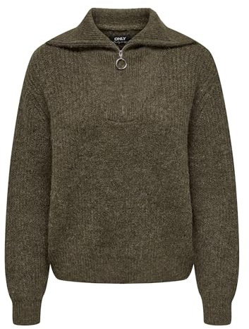 ONLY Damen Strickpullover mit Reißverschluss | Stehkragen Knitted Sweater | Half Zip Troyer ONLBAKER, Farben:Dunkelbraun, Größe:S