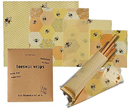 A tavola! involucri di cera d'api biologica, Beeswax wraps, pellicola naturale in cotone cerato per alimenti, fatto a mano in Italia con ingredienti tutti italiani (Zig Zag Bee)