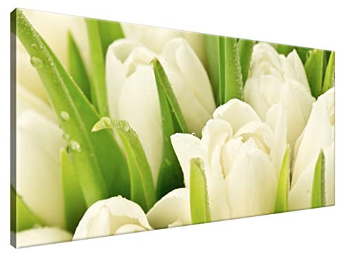 Estika Leinwand bilder - Weiße Tulpen - 115x55 cm, 1 teilige kunstdruck - Wandbilder wohnzimmer, schlafzimmer, Moderne wanddeko, Bild auf leinwand - Blumen bilder - 1254A_1AE