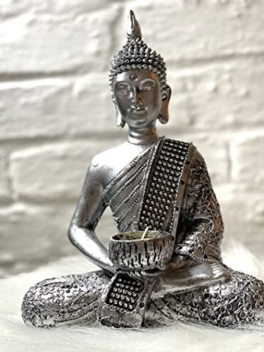 Buddha Teelichthalter Silber – Meditative Dekofigur mit Glitzerverzierung