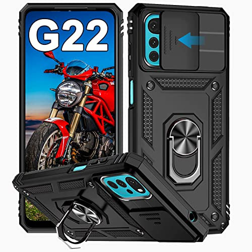 Hülle für Motorola Moto G22 / E32 / E32s, Kameraschutz mit Slide Camera, Rüstung Schutzhülle mit 360 Grad Ring, Metall Halter Magnet Ständer, Silikon Stoßfest Handyhülle für Motorola G22/E32/E32s