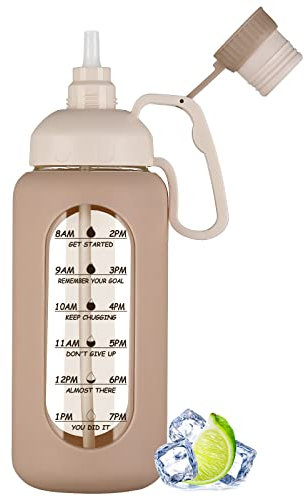 MUKOKO 64oz Glass Water Bottles with Straw, Half Gallon Water Jug with Time Marker, Sports Large Motivational Bottle with Silicone Sleeve, Amber