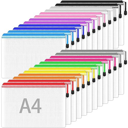 Smarpau 24PCS Plastic Wallets A4, A4 Plastic Document Folders Zip Wallets, Zip Lock Bags Mesh Zipper Bag for School Office Travel Storage (12 Colour)