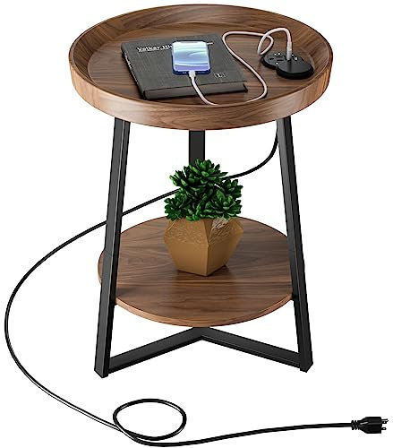 Gadroad Tavolino rotondo con stazione di ricarica, porte USB, tavolo in legno e struttura in metallo nero, tavolino a 2 ripiani per soggiorno, camera da letto, marrone ciliegia, 40 x 40 x 60 cm