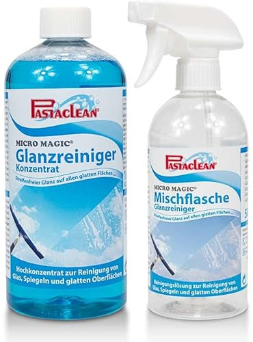 Pastaclean® Micro Magic Glasreiniger Konzentrat, 100% Streifenfreier Glanz auf allen glatten Flächen, für streifenfreie Reinigung Fensterreiniger, Spiegel, Glas uvm. - Made in Germany (1000 ml)