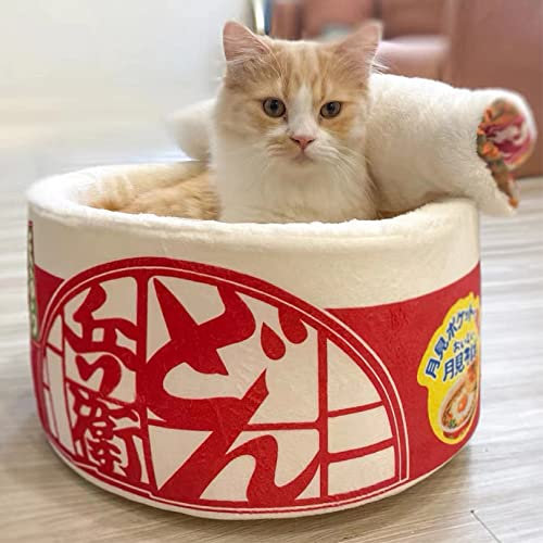 Noodles Cup Pet Beds for Indoor Dogs, Ramen Bowl Cats Bed for Dogs, Puppy, Kitty, Kitten, Rabbit, Removable Washable Cushion, Japanese Style
