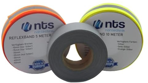 NTS Nähtechnik l 10 Meter l hochwertiges Reflexband l Reflektorband l zum Aufnähen, in 7 Breiten, Farbauswahl… (Silber, 15)