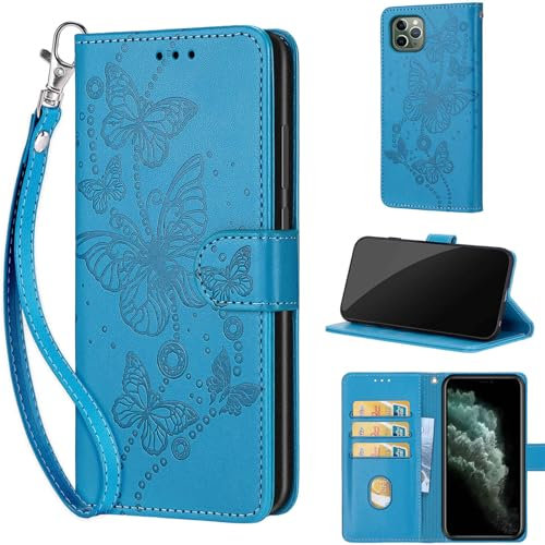 for iPhone 11 Pro Case 5.8 Inch, Embossed Premium PU Leather Folio Flip Notebook Wallet Cover Compatible with iPhone 11 Pro Phone Case [Magnet Closure][Kickstand][Card Slots], Blue Butterfly