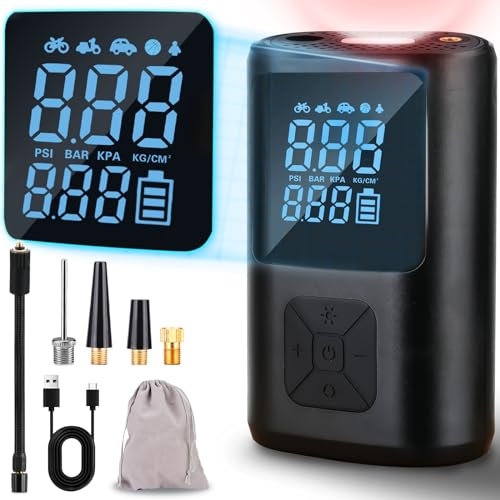 Compresor Aire Portatil, 6000mAh Inflador Ruedas Coche 150PSI Compresor Aire Coche Mini Inflador Electrico con 4 Boquillas para Coches, Motos, Bicicletas, Pelotas