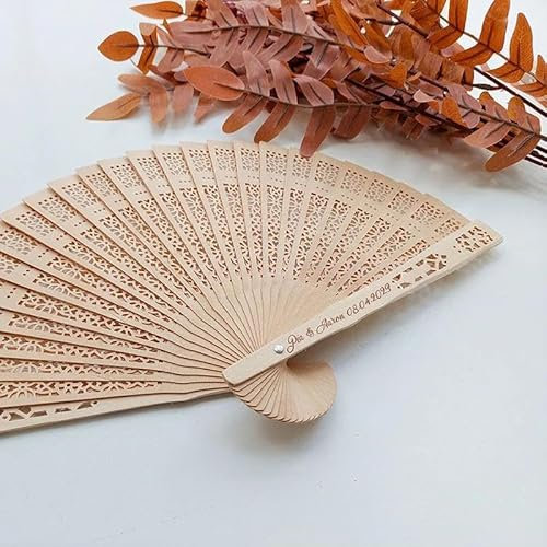 ZYMECH Custom Made 20/50/100Pcs Personalized Engraved Wood Folding Hand Fan Wedding Personality Fans Customized Decor Gifts for Guests (50Pcs)