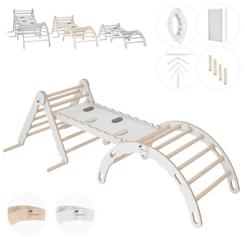 MAMOI® Set Klettergerüst Indoor, Kletterdreieck mit rutsche aus Holz, Kletterbogen, Baby Kinder Klettern, Klettergerüst mit Rutschbrett, Holzbogen für Spielplatz ab 1/2/3 Jahre, Montessori…
