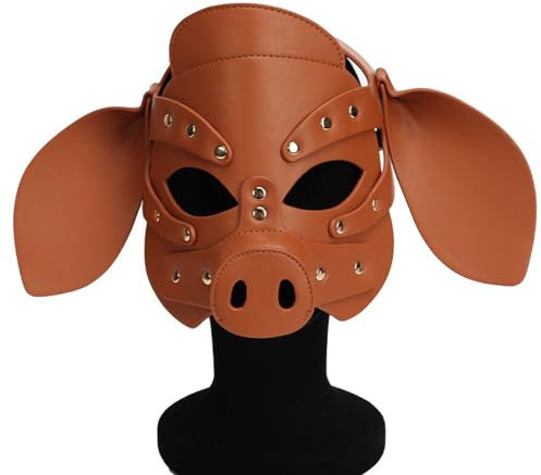 QgLust Schwein Maske Leder Einstellbar Kann mit SM-Requisiten kombiniert werden Tiermaske Schwein Masken Party Cosplay Kostüm Petplay Maske für Damen Herren Ledermaske für Partyspiele(braun)