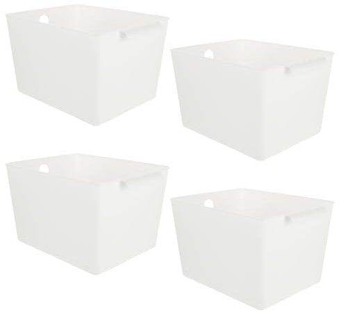 ASelected 4Pcs Plastic Storage Boxes With Handle White Box 26X19X15Cm Cupboard Storage Boxes Plastic Storage Basket Kitchen Cupboard Home And Office,White, Large