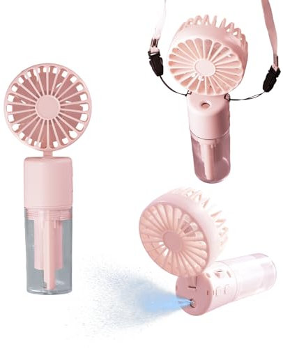 3 en 1 Ventilateur Portable, Ventilateur de Poche Silencieux 4 Vitesses, Ventilateur Brumisateur Rechargeable avec Lanière, Ventilateur de Table Pliable 180° Maison Bureau, Endurance 6-8h (Rose)