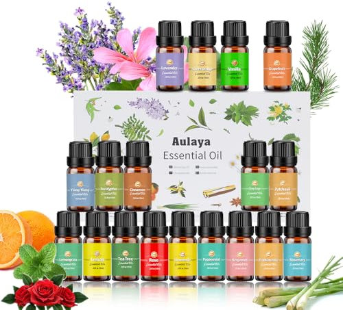 Ätherische Öle Set 18 x 10 ml, Teebaum, Lavendel, Eukalyptus, Weihrauch, Zitronengras, Rosmarin, Orange, Minze, Zitrone, Bergamotte, Ylang-Ylang, Grapefruit, Kamille, Rose, Vanille, Patchouli Salbei