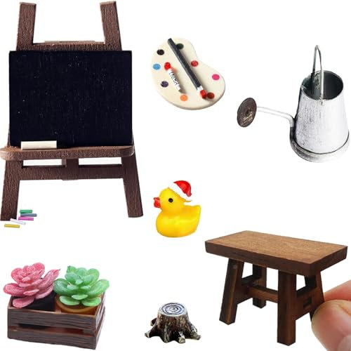Wichtel Zubehör Weihnachten,10 Stück Puppenhaus Zubehör Miniatur Möbel Wichtel Set，Mal Kunst Set für Wichteltür Deko und 1/12 Puppenhaus Kleine Ente Staffelei Gießkanne Topfpflanze (A)