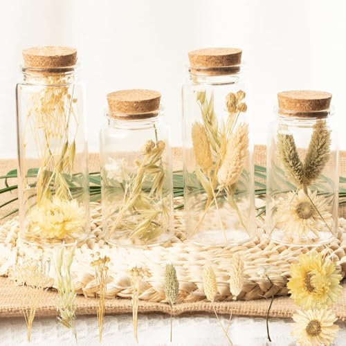 LAUMOE 4er Set Trockenblumen im Glas, Pflanzen im Glas, Trockenblumen, Getrocknete Blumen Trockenblumen Klein Trockenblumen Set für DIY Zubehör Handgemachte Heimdekoration Hochzeit