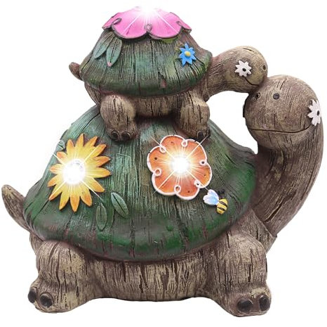 TERESA'S COLLECTIONS Gartendeko für Draußen Schildkröten Mutter und Baby Gartenfiguren Wasserfest Solar Gartenbeleuchtung Gartendeko aus Kunstharz 11cm Balkon Hof Mutter Tochter Geschenk