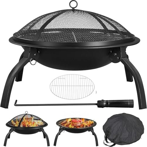 DWD ®Fire Pit Portable Folding Fire Pit with Grate/Cooking Grill, Iron Fire Pit for Garden Portable Fire Bowl for Camping Bonfire/BBQ/Heating,Log Burner Carry Bag,Mesh Safety Cover Poker Black