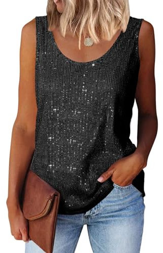 Suncife Damen Pailletten Oberteil Tank Glitzer Top Frauen Party Glitzertop, Schwarz, XXL