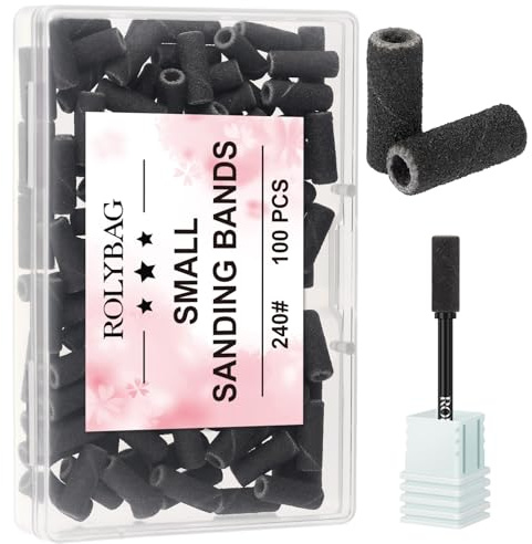 Rolybag 100pcs Small Sanding Bands Nail Drill Bits 240 Extreme Fine Grit Nail File Sanding Bands with 3.1mm Mandrel Bit for Acrylic Nails Gel Removing Shaping Professional Manicures and Pedicure,Black