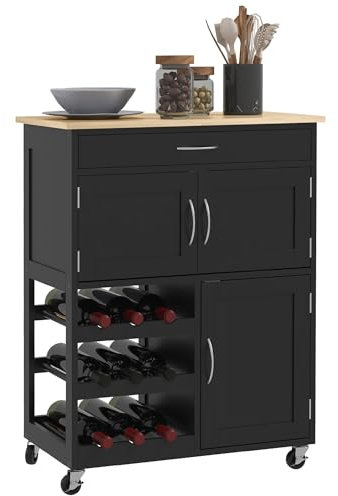 HOMCOM Küchenwagen mit Flaschenhalter, 3 Türen, 4 Rädern und Schublade, platzsparender Küchenschrank für Mikrowelle und Gewürze aus Holz, 67x37x87 cm, Schwarz und Eiche