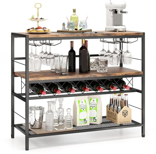 COSTWAY Casier à Vin Autoportant à 4 Niveaux, Table de Bar à Vin de 104 cm avec Rangement, 4 Rangées de Porte-Verres, pour 7 Bouteilles et 16 Verres, pour Cuisine, Salon, Marron Rustique