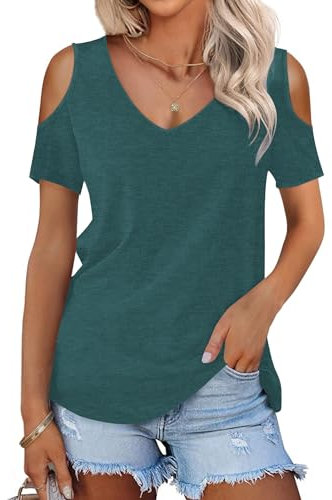 WNEEDU Camiseta para mujer, cuello de pico, manga corta y elegante, verde oscuro, XXX-Large