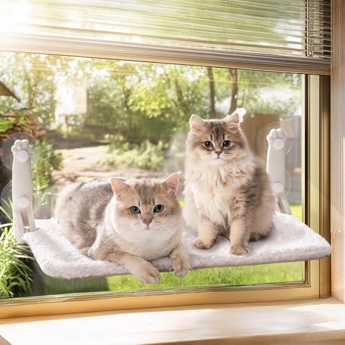 MEWOOFUN Weiche Katzen fensterhängematte – 54x30cm faltbares Katzen fensterbett mit wendbarer Matte, stabile Katzenhängematte hält bis zu 18kg (beige, L)