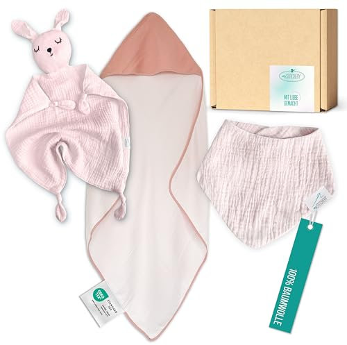 Newborn Baby Set mit Namen bestickt, Oeko-TEX® Standard 100 - Personalisiertes Geschenk Set 3-teilig für Neugeborene aus weichem Musselin (Rosa, Nicht Personalisiert)