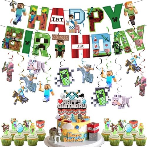 Fzyisw Miner Gamer Geburtstagsdeko 6-9 Jahre, Pixel Kindergeburtstag Deko mit Happy Birthday Banner, Hängende Wirbel und Cake Topper, Miner Gamer Geburtstagsdeko Jungen für Partydekorationen
