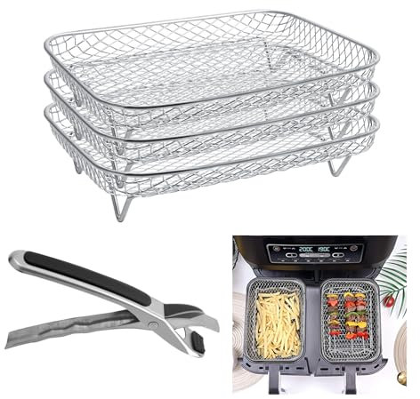 Homiflex 3 Stück Air Fryer Racks Korb, 304 Edelstahl Stapelbar Gitter Heißluftfritteuse Rack, Airfryer Zubehör für Ninja Heißluftfritteuse AF300EU AF400EU