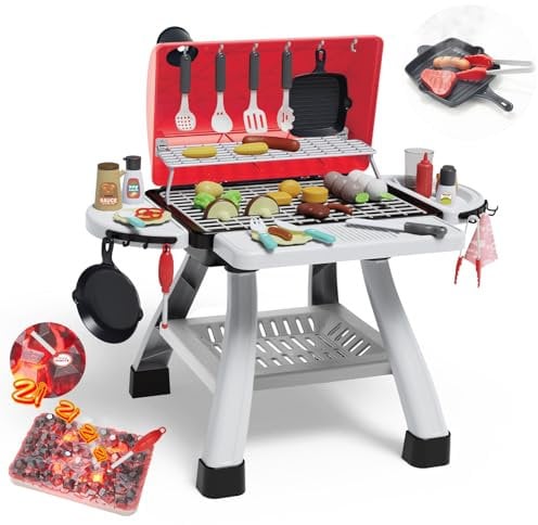 COODELE Kids BBQ Grill Kitchen Playset, 2 Tier Outdoor Playhouse Cooking Set, 41 Pieces Interactive Food Toys, Christmas Birthday Gift for Boys, Girls 3-8