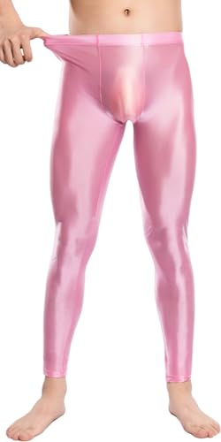 Maeau - Glossy Legging Homme Huilée Brillant Collant Lisse Élastique Pantalon Moulant Gym Clubwear XL Rose