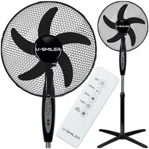 U-SMILER Ventilator mit Fernbedienung, Standventilator sehr Leise 55W, 5 Klingen, 90° Oszillation, 3 Geschwindigkeiten, Timer 4h, Stand Ventilator, Bodenventilator, Schlafzimmer Kühlung, Schwarz