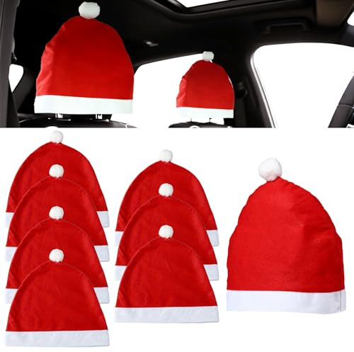 Select Zone Weihnachts Kopfstützenbezüge,8er Set Auto Weihnachtsdeko mit Weichen Roten Mützen,Festliche Sitzbezüge für Weihnachten Auto,Kuschelige Innenraum Deko, Autoliebhaber